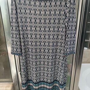 Max Studio Navy and White Geometric Long-Sleeve Dress with Teal Trim